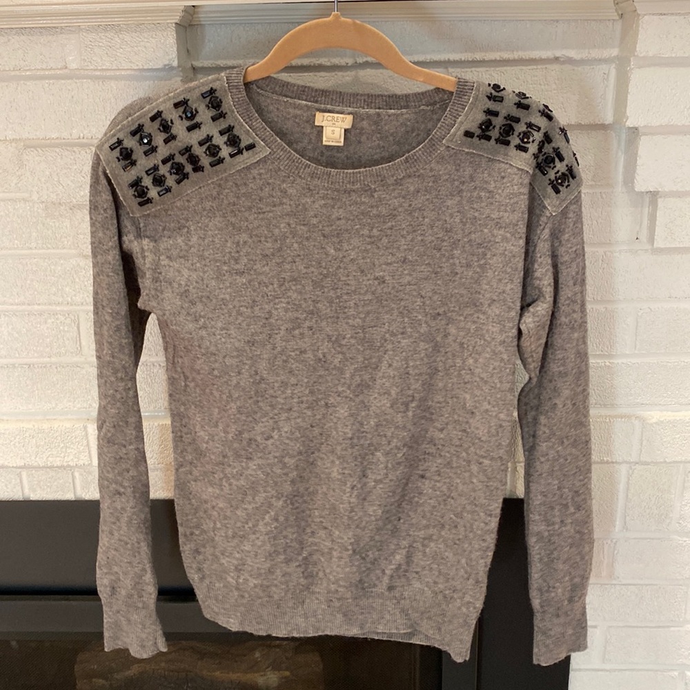 J crew gray sweater with black beading at shoulders